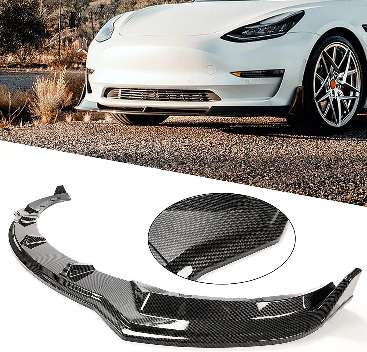 Carbon Fiber Printing Front Bumper Lower Lip Splitter Kit 3PCS I31691