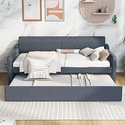 Twin Size Upholstered Wood Day Bed with Pop up Trundle (Grey) V526