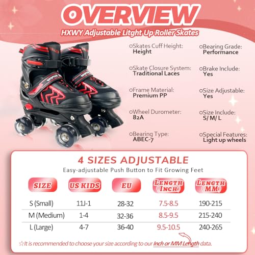 Adjustable Quad Roller Skates with Light Up Wheels, Black & Red P4303