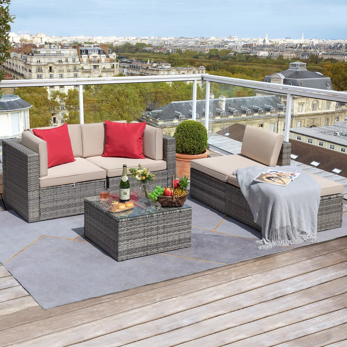 5 Pieces Beige Wicker Rattan Patio Sectional Sofa J39176