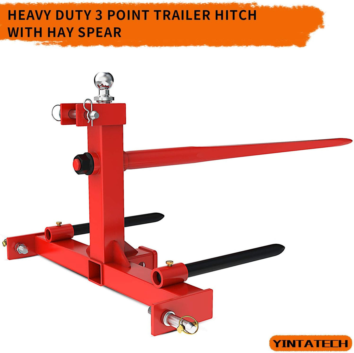 49” Hay Spear 3000lbs Capacity with 2 Stabilizers, 3 Point Trailer Hitch 2" Receiver with Trailer Ball Gooseneck Drawbar for Category 1 Tractor T193