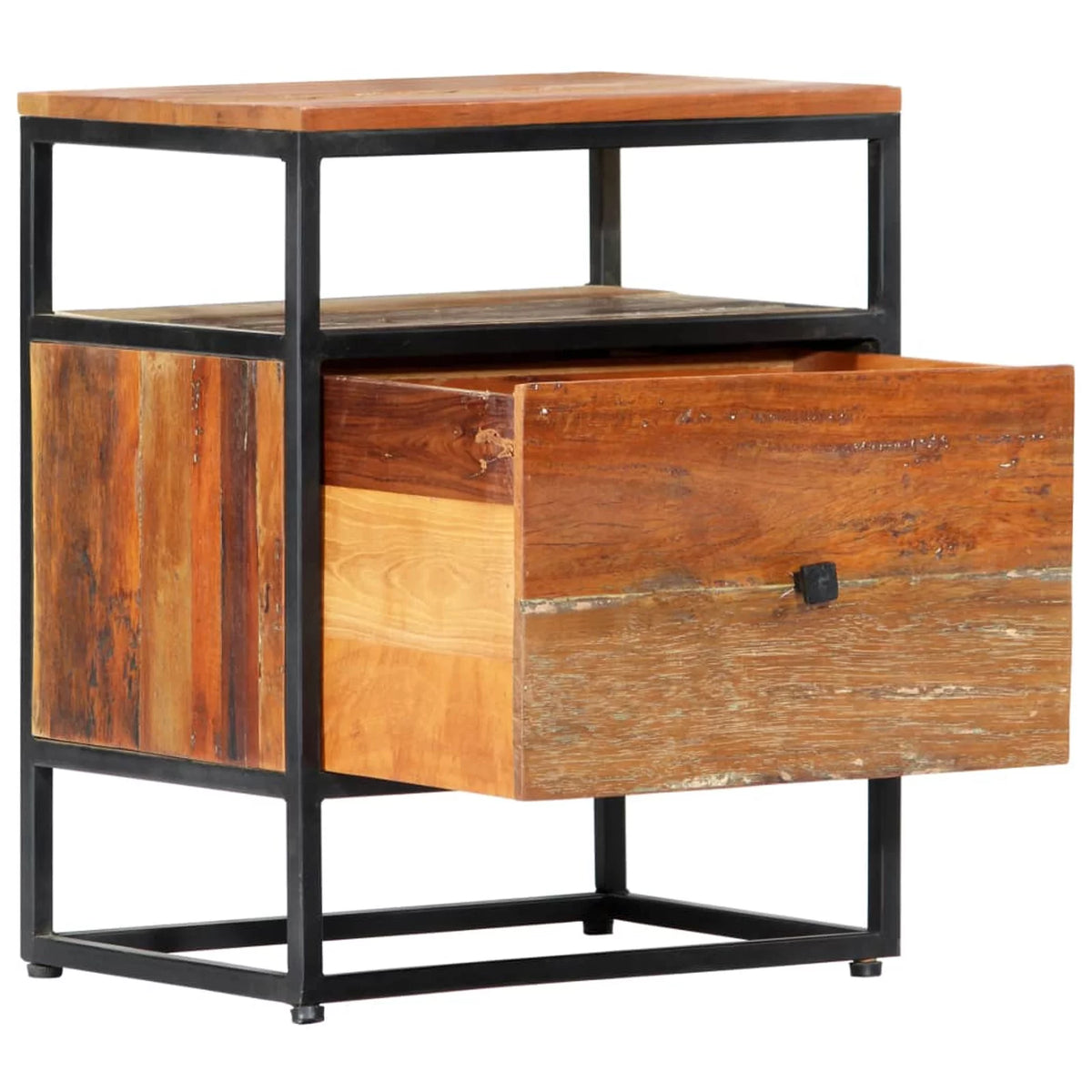 Reclaimed Wood Bedside Cabinet with Storage Drawer and Shelf Q590