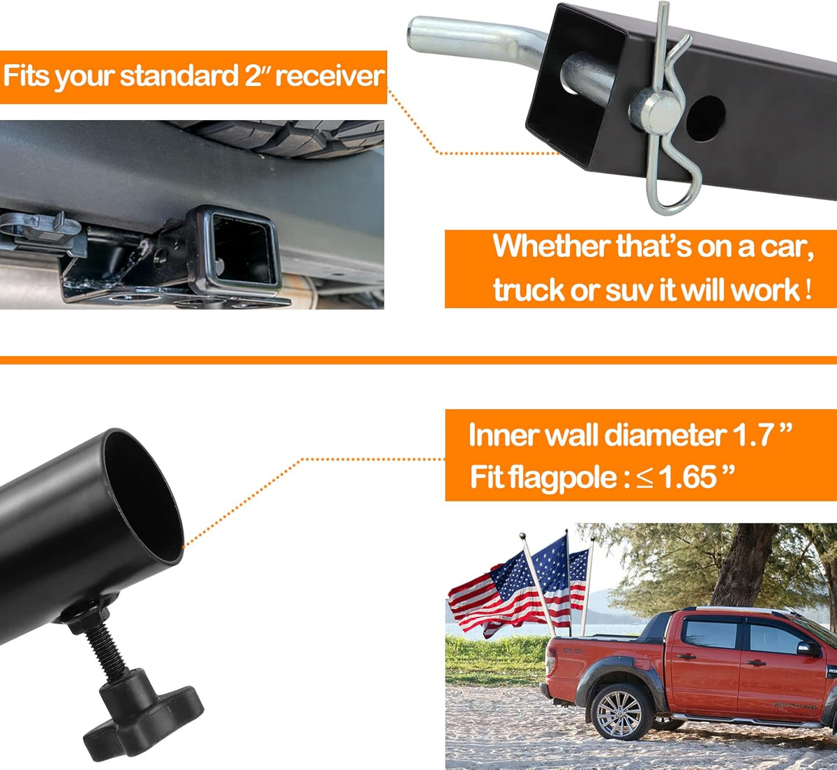 Trailer Hitch Mount Flag Pole Holder with Bolts X264