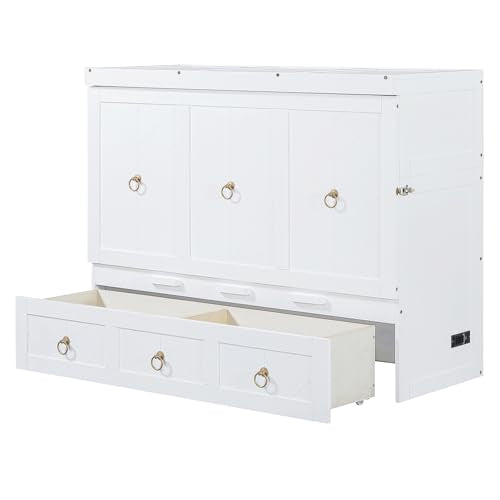 Queen Size Murphy Bed with USB Charging Station and Drawer, White F179