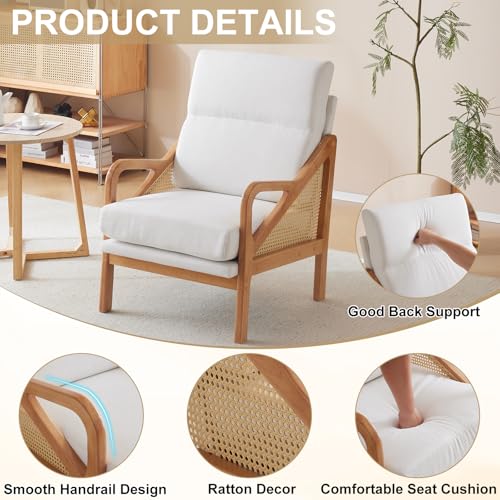 White Woven Rattan Accent Chair with Oak Wood Frame F4113
