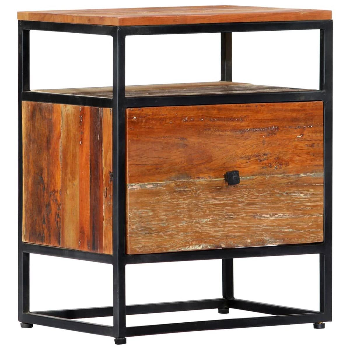 Reclaimed Wood Bedside Cabinet with Storage Drawer and Shelf Q590