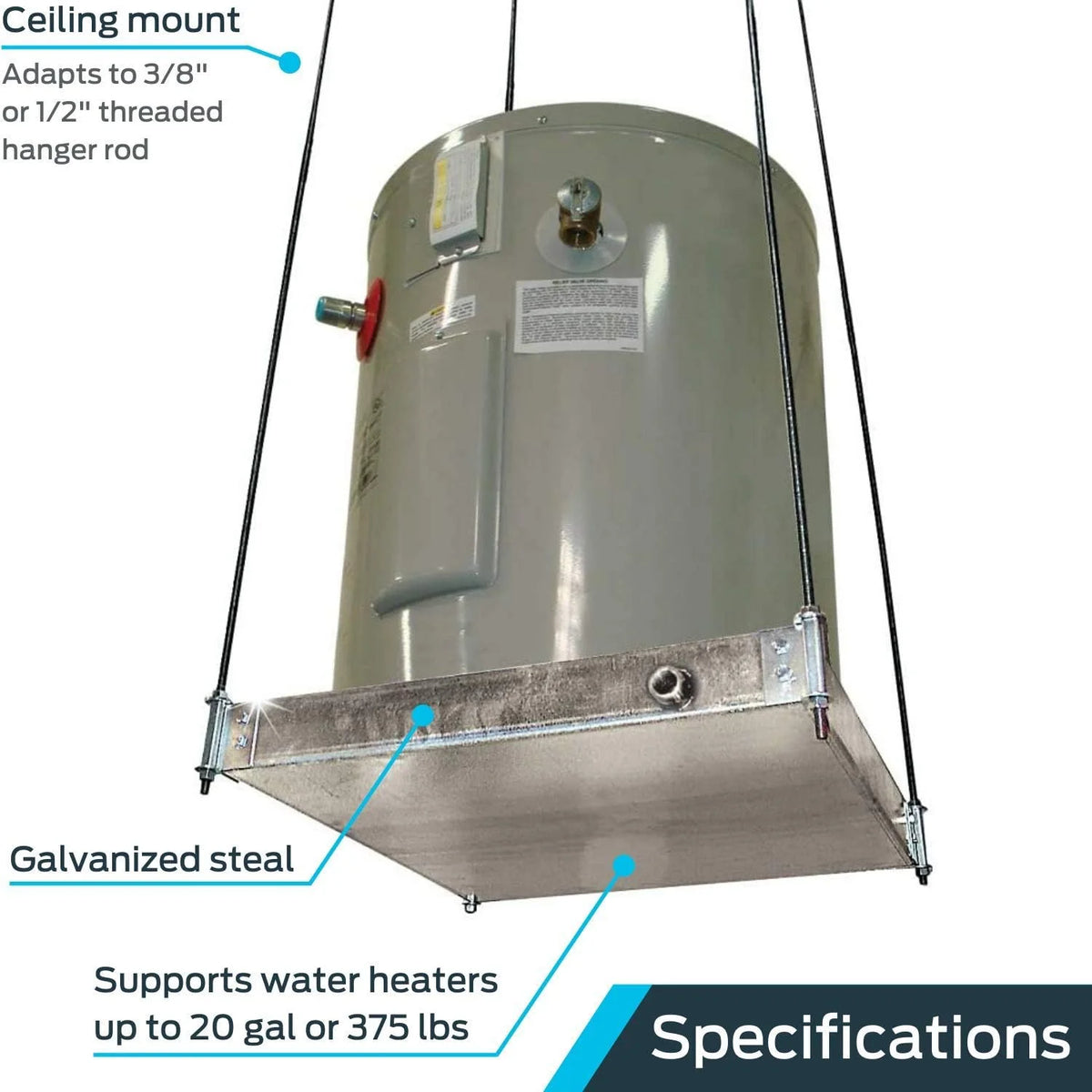 Ceiling Mounted Water Heater Platform with Steel Drain, Up To 20 Gallons V1993