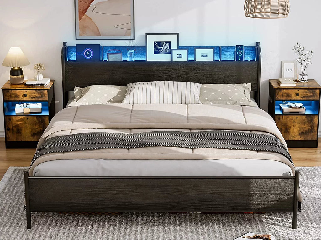 Black Twin XL LED Bed Frame with Storage Headboard and USB Ports R62241