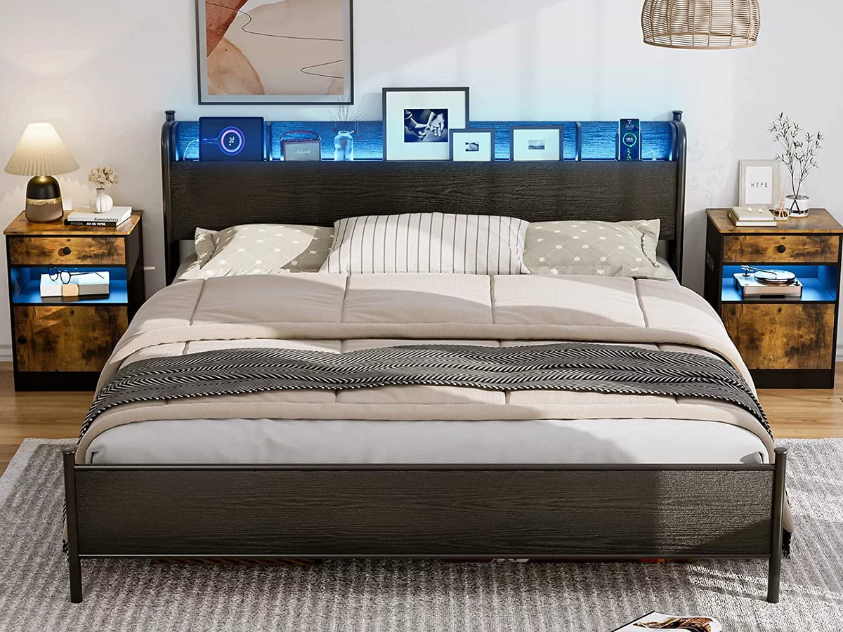 Black Twin XL LED Bed Frame with Storage Headboard and USB Ports R62241