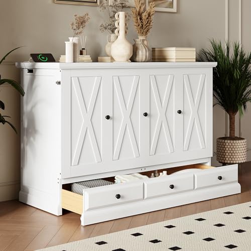 Queen Size Solid Pine Murphy Bed with Charging Station and Storage Drawer L32517
