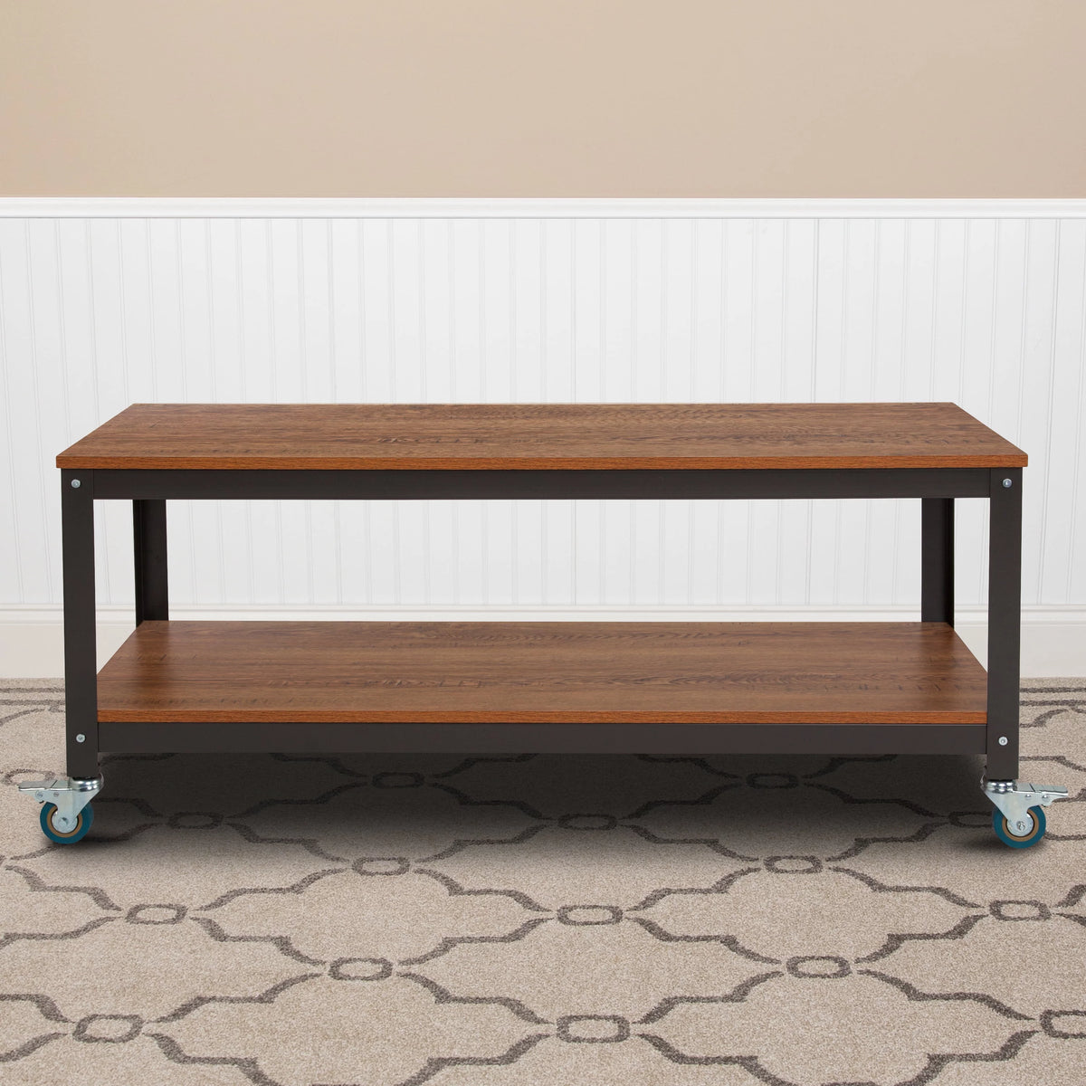 Brown Oak Wood Grain TV Stand with Metal Wheels R4521