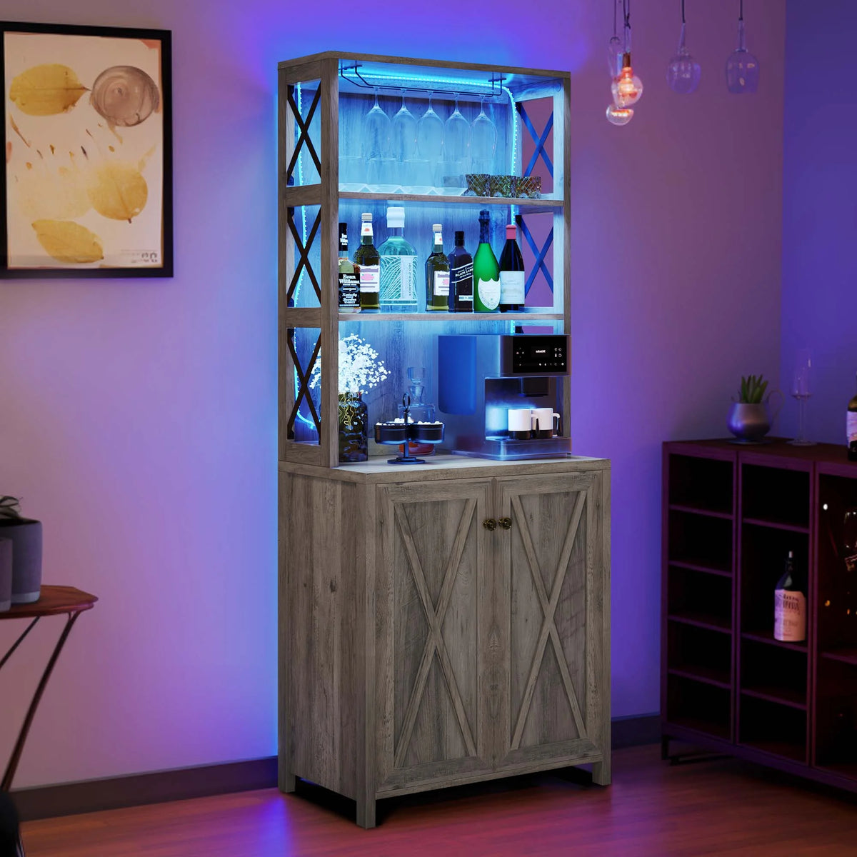 67" Washed Gray Bar Cabinet with Doors and Shelves I4764