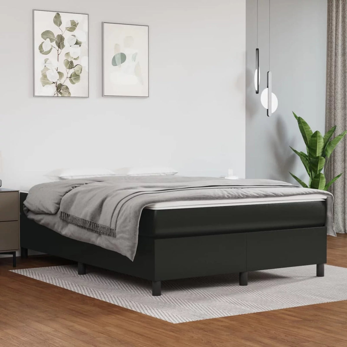 Black Faux Leather Box Spring Bed Frame with Mattress and Topper Q4299