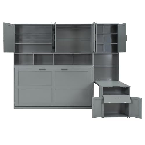 White Twin Size Wooden Murphy Bed with Closet Drawers Desk W18052