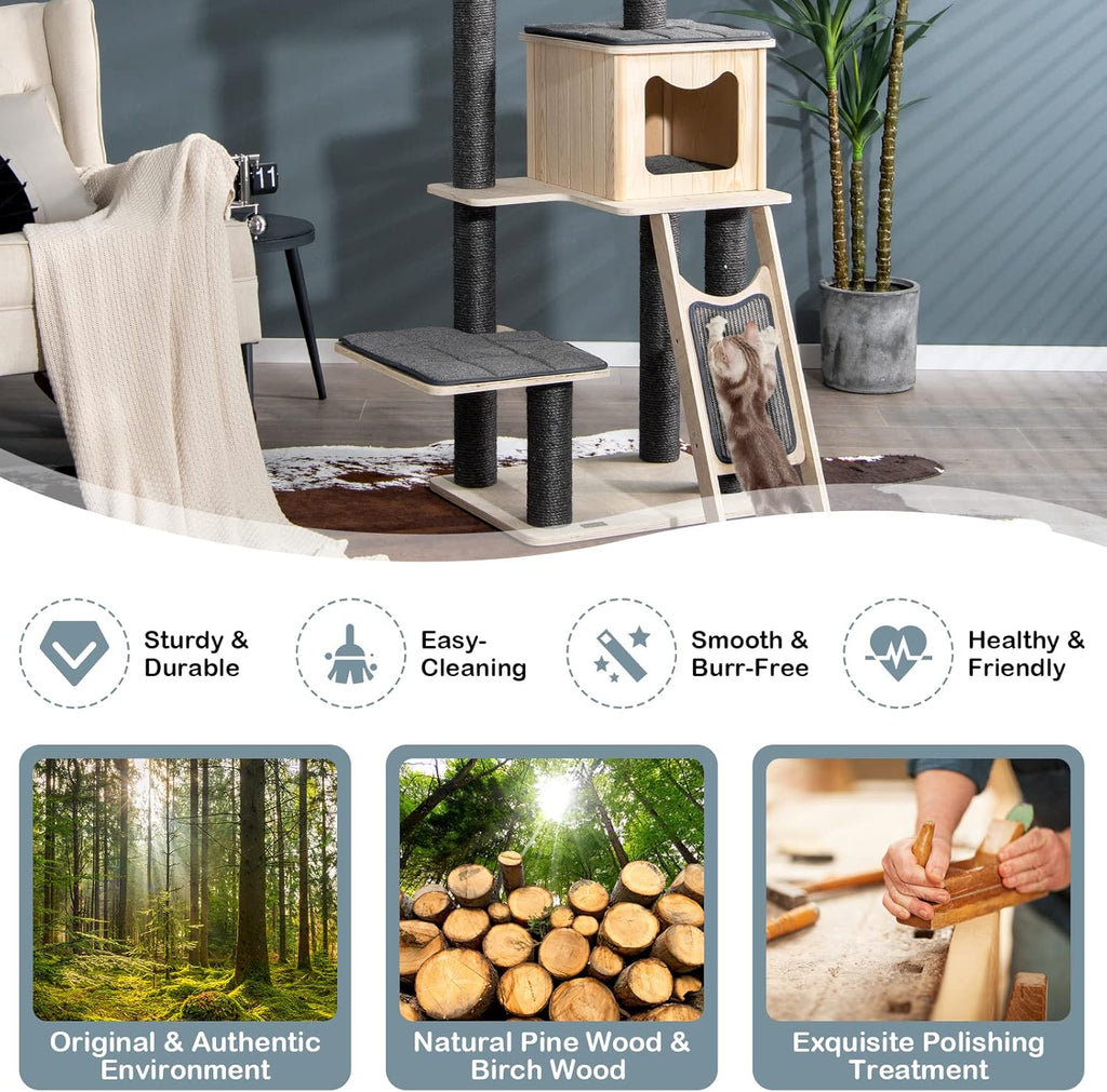 Grey Wooden Cat Tree with Sisal Posts & Scratch Board W33331