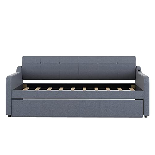 Twin Size Upholstered Wood Day Bed with Pop up Trundle (Grey) V526