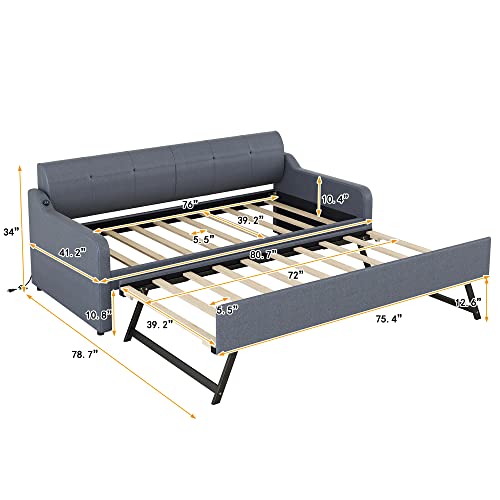 Twin Size Upholstered Wood Day Bed with Pop up Trundle (Grey) V526