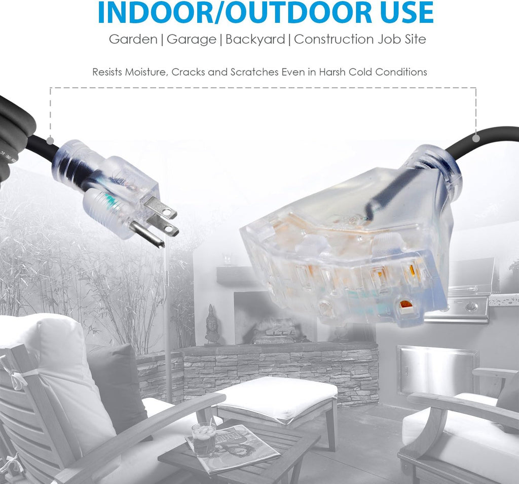 100 FT 14/3 Outdoor Extension Cord, Black Rubber Triple Outlet E9879