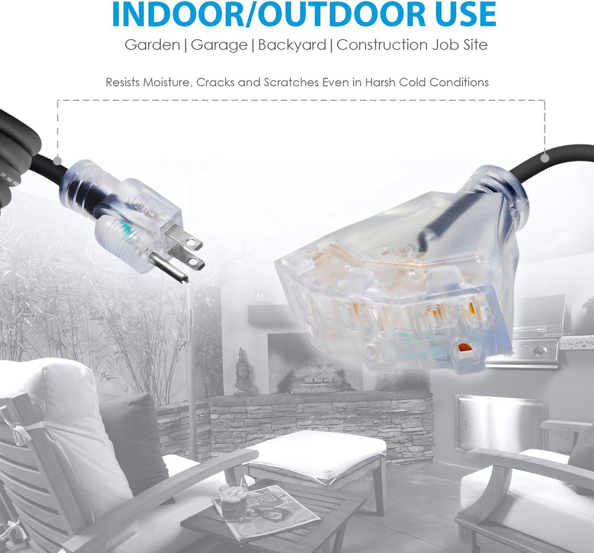 100 FT 14/3 Outdoor Extension Cord, Black Rubber Triple Outlet E9879