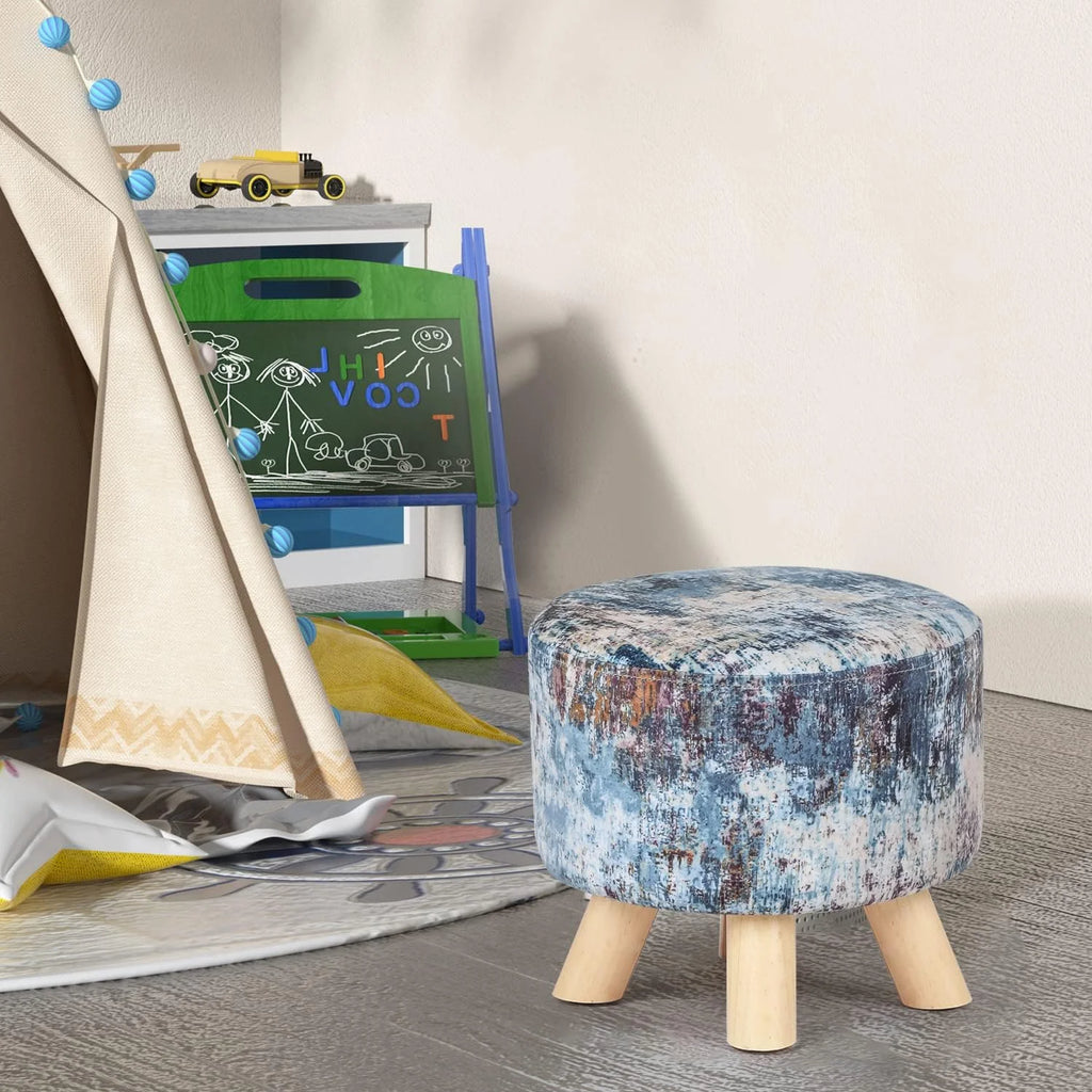 Round Linen Fabric Ottoman with Wooden Legs Q7290