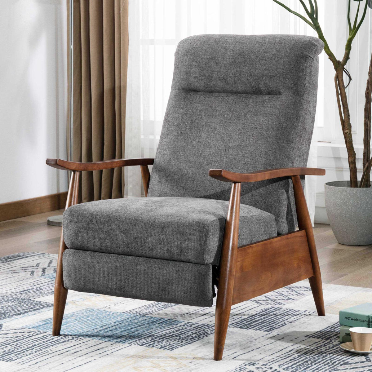 Charcoal Polyester Fabric Wood Arm Push Back Recliner N363294