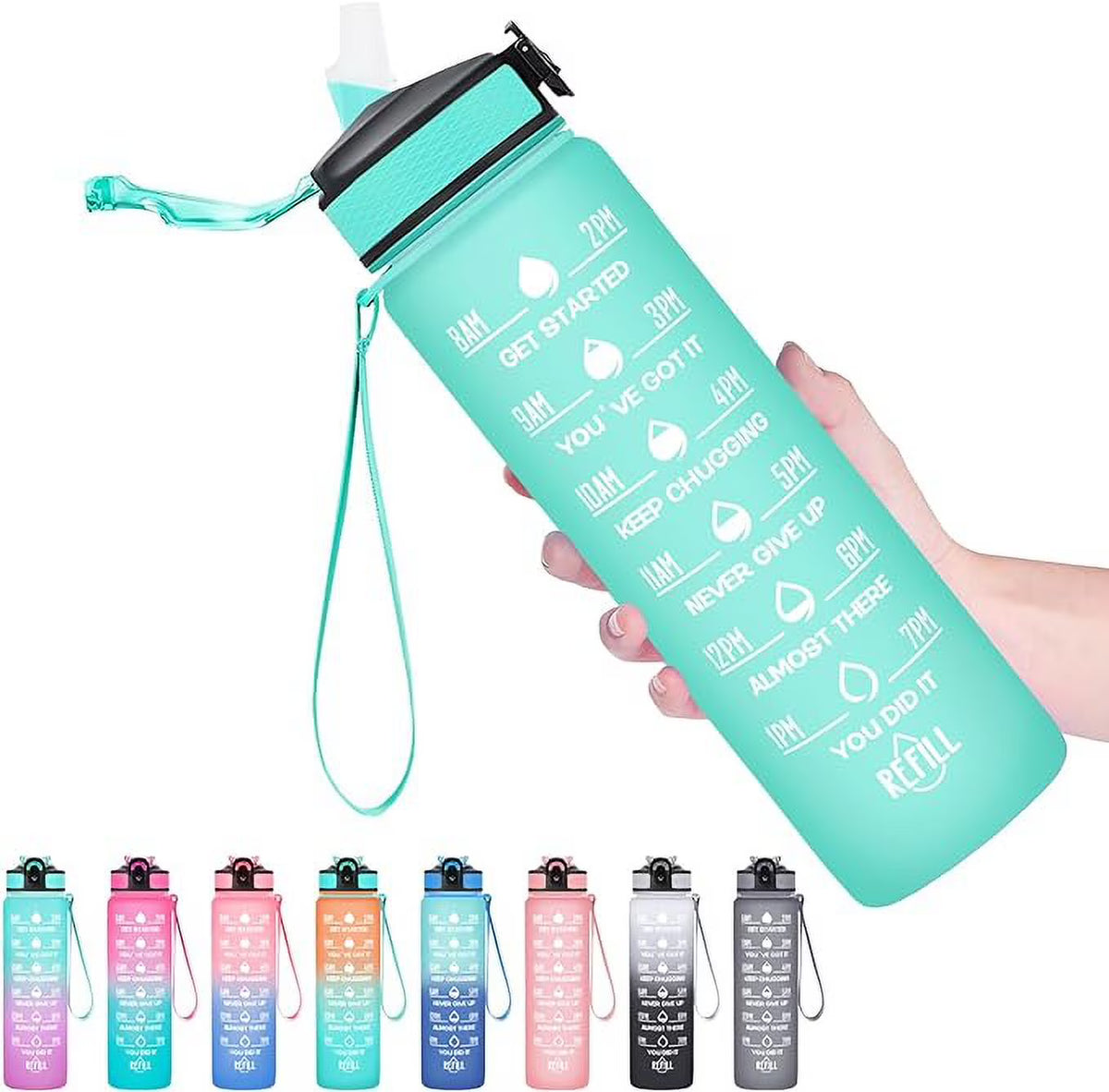 32 oz Motivational Water Bottle with Straw, Time Marker, Leakproof BPA Free C86533