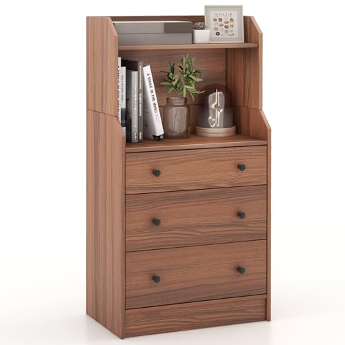 3 Drawers Dresser with Shelves, Tall Nightstand with 2 Open Shelves, Chest of Drawers (Walnut) S443663