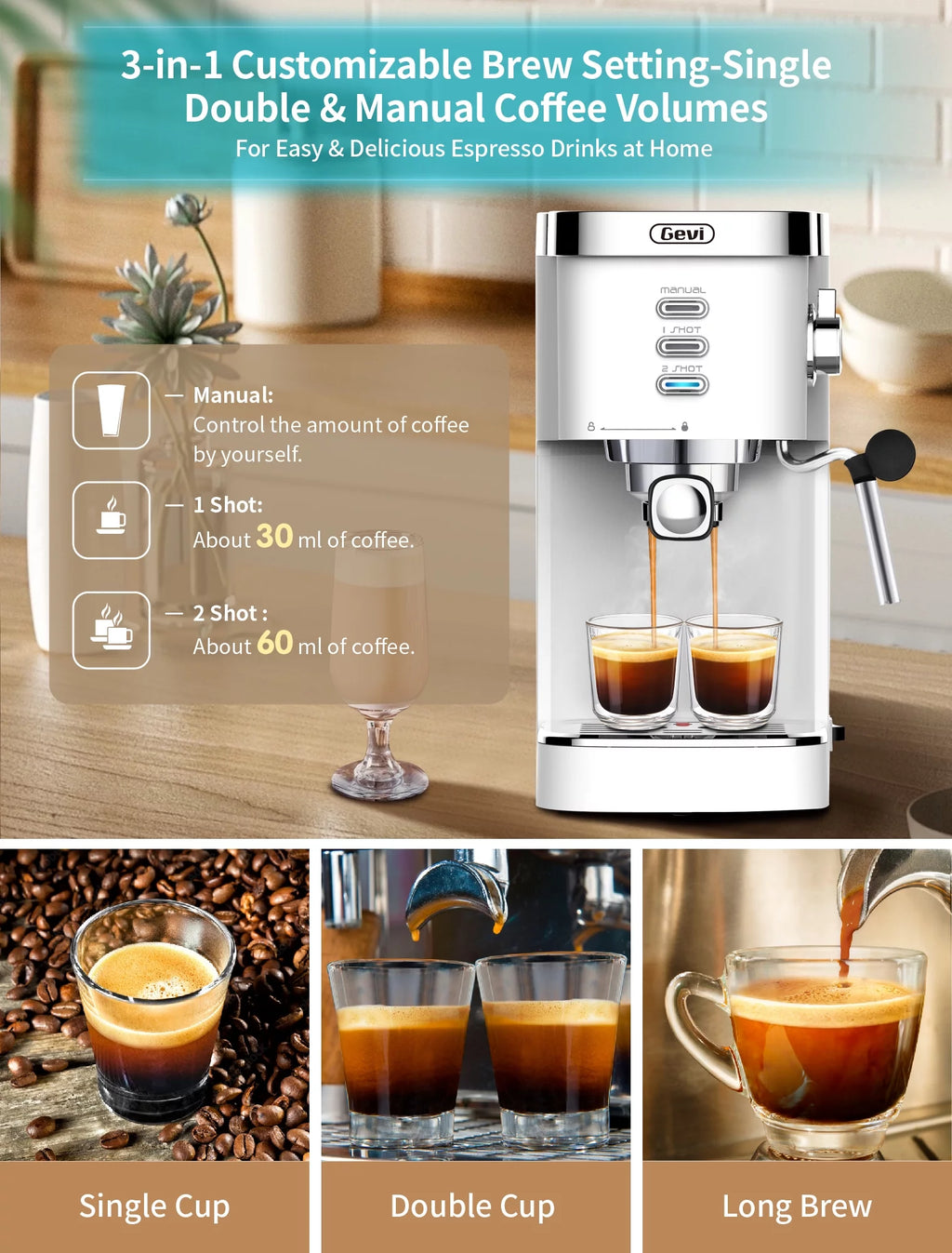 White 20 Bar Automatic Espresso Coffee Maker with Milk Frother Wand Z1184