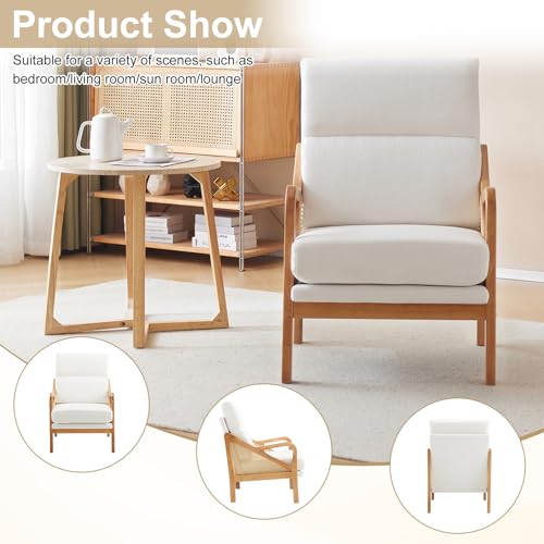 White Woven Rattan Accent Chair with Oak Wood Frame F4113