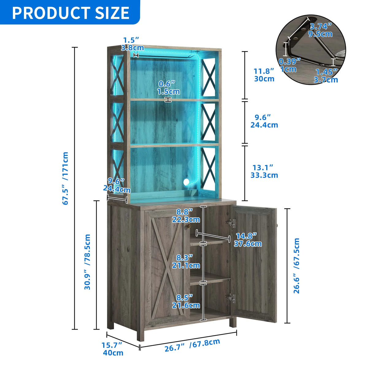67" Washed Gray Bar Cabinet with Doors and Shelves I4764