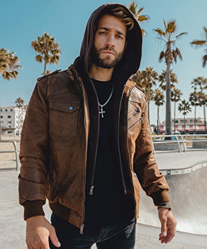 Brown Leather Motorcycle Jacket with Removable Hood B28524
