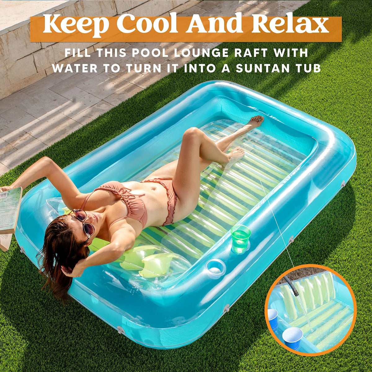Inflatable Tanning Pool Lounger Float, 70" x 46" with Pillow, Blue R9298