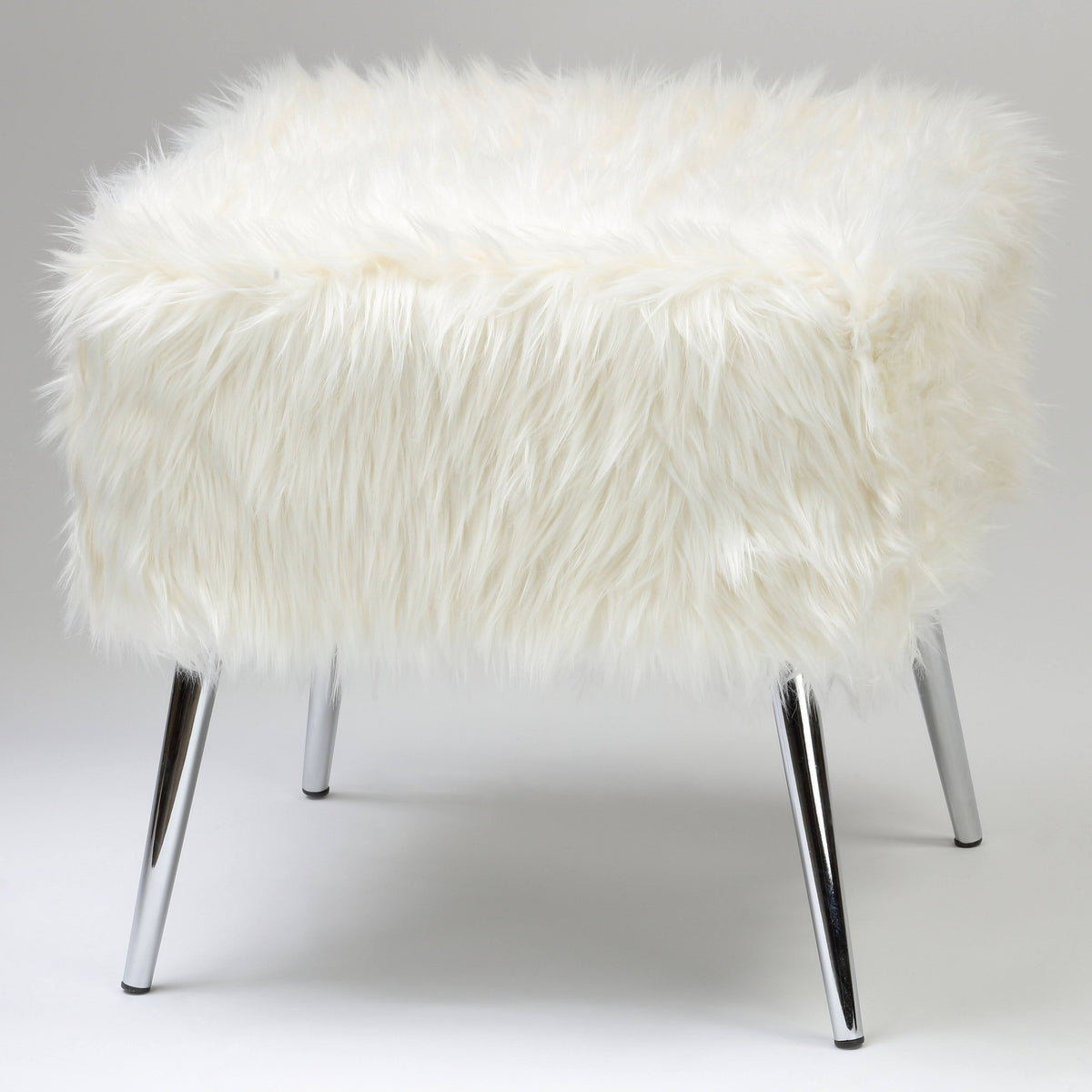 White Faux Fur Ottoman with Chrome Legs B5517