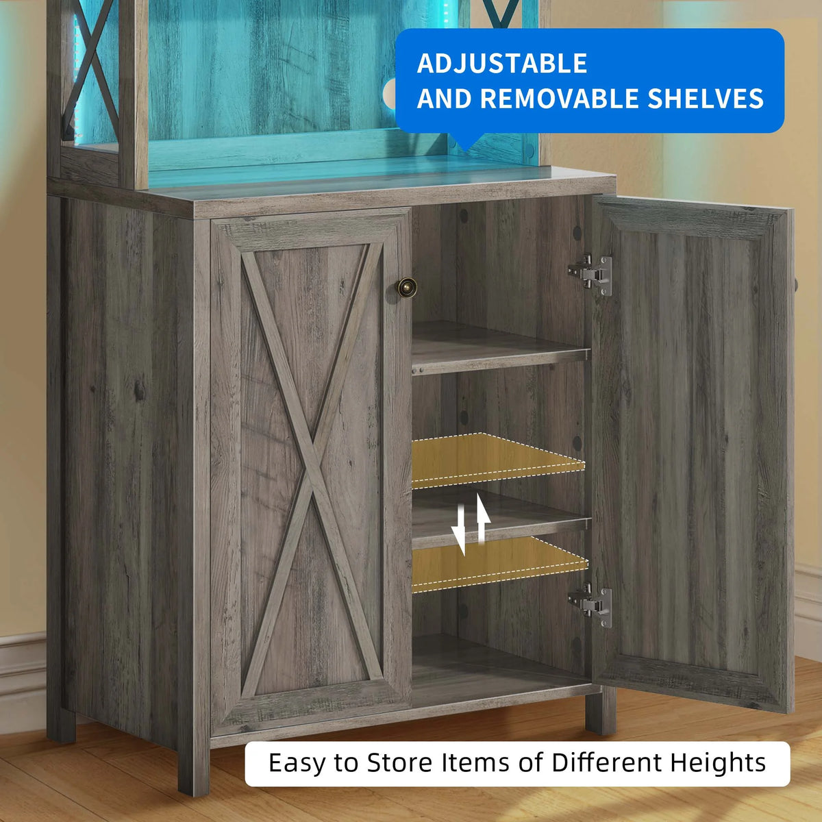 67" Washed Gray Bar Cabinet with Doors and Shelves I4764