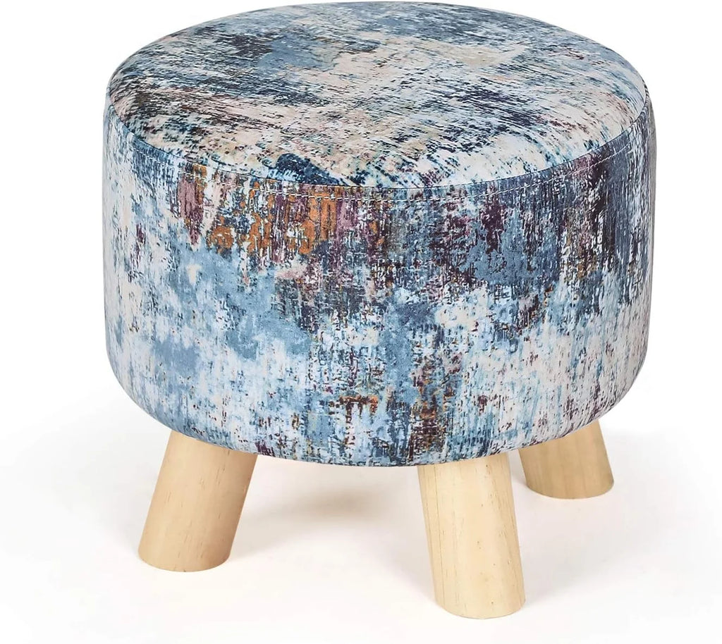 Round Linen Fabric Ottoman with Wooden Legs Q7290
