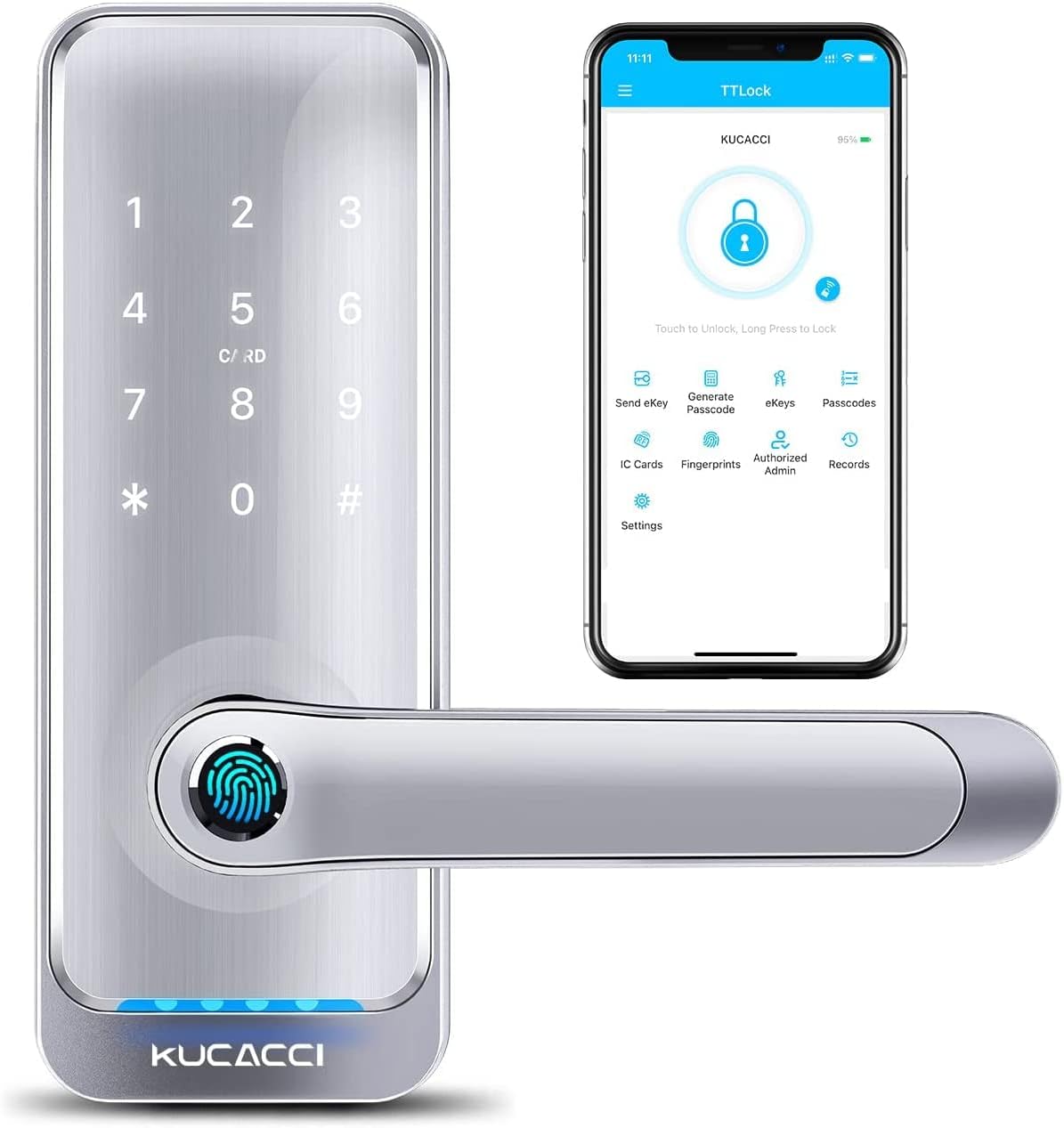 Smart Lock with Handle, Keyless Entry, Fingerprint, Silver W921