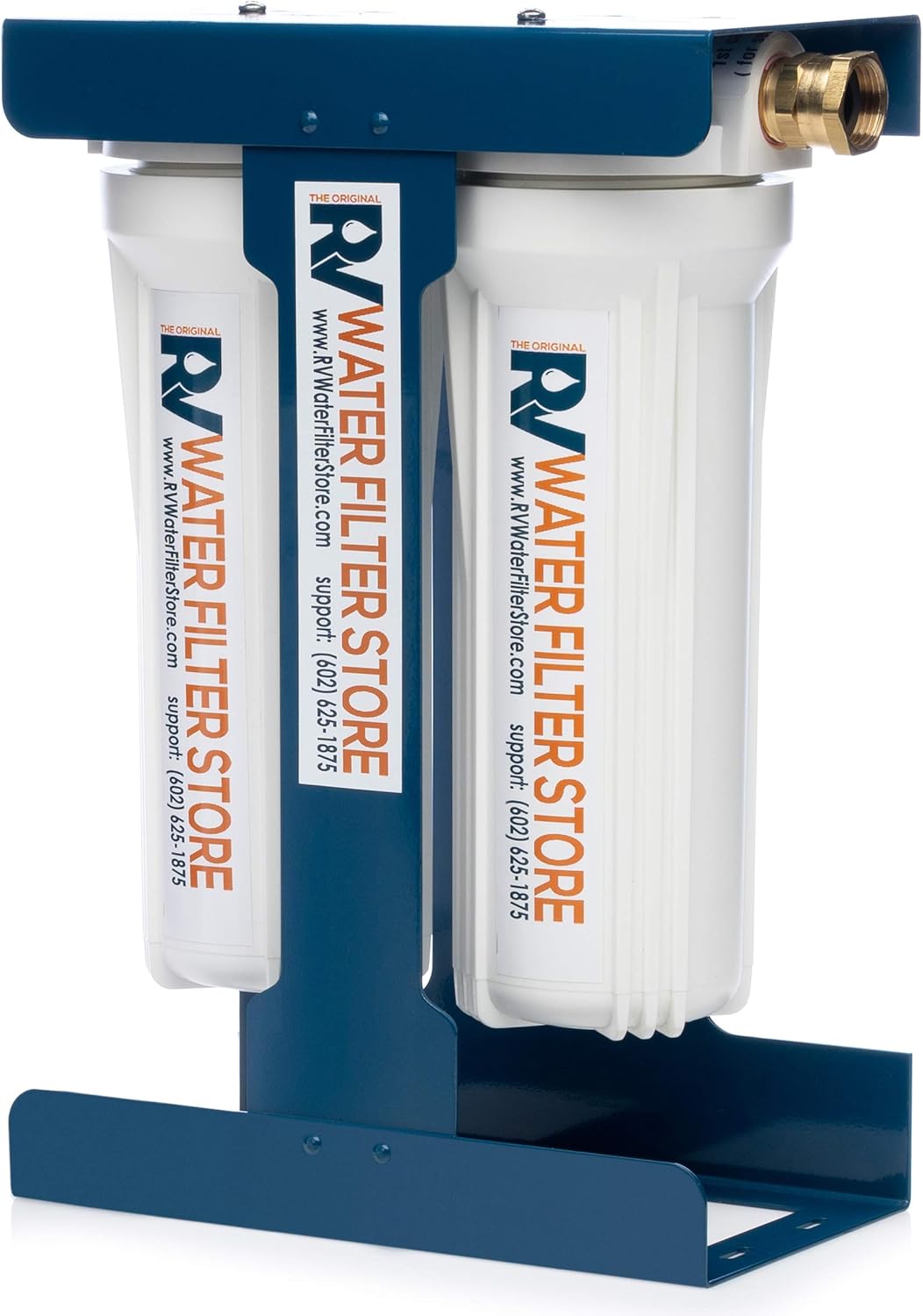 RV Water Filter System with Universal Blue Cage Mounting Bracket and Brass Hose Fittings O205