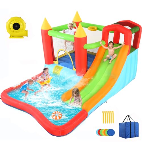 Inflatable Bouncy House with Ball Pit, Wide Slide, Ball Pool, Basketball Hoop, Dart Target, Blower M697432