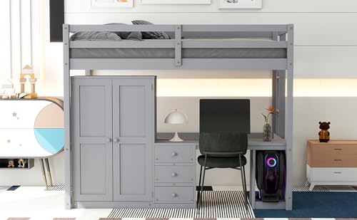 Gray Solid Pine Wood Loft Bed with Wardrobe Desk Storage Drawers A226