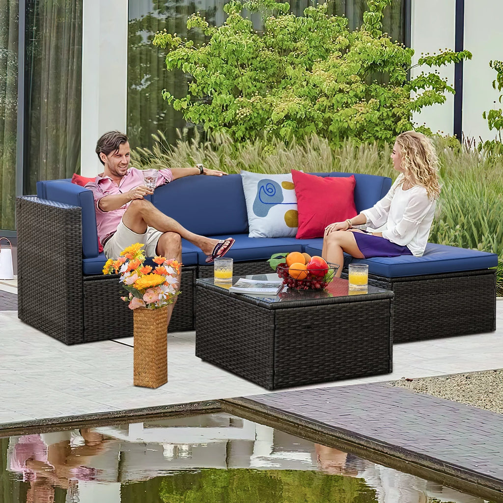 5 Pieces Beige Wicker Rattan Patio Sectional Sofa J39176