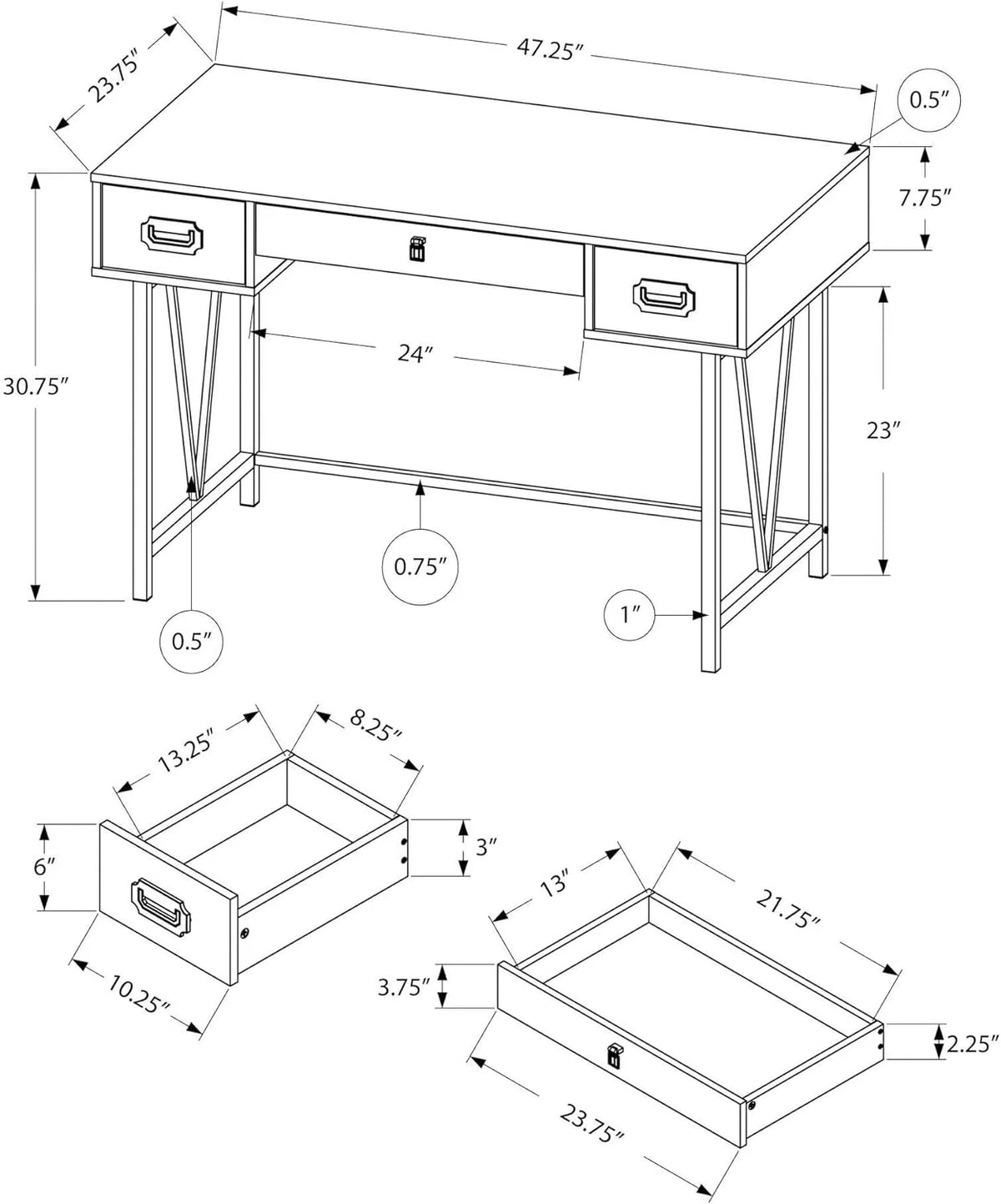 Laptop Table with Drawers Metal Legs Computer Desk A8034