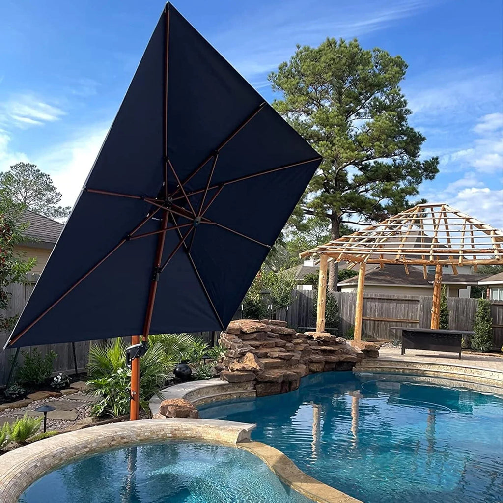 10 ft Square Wood Pattern Patio Cantilever Umbrella with Base D9391