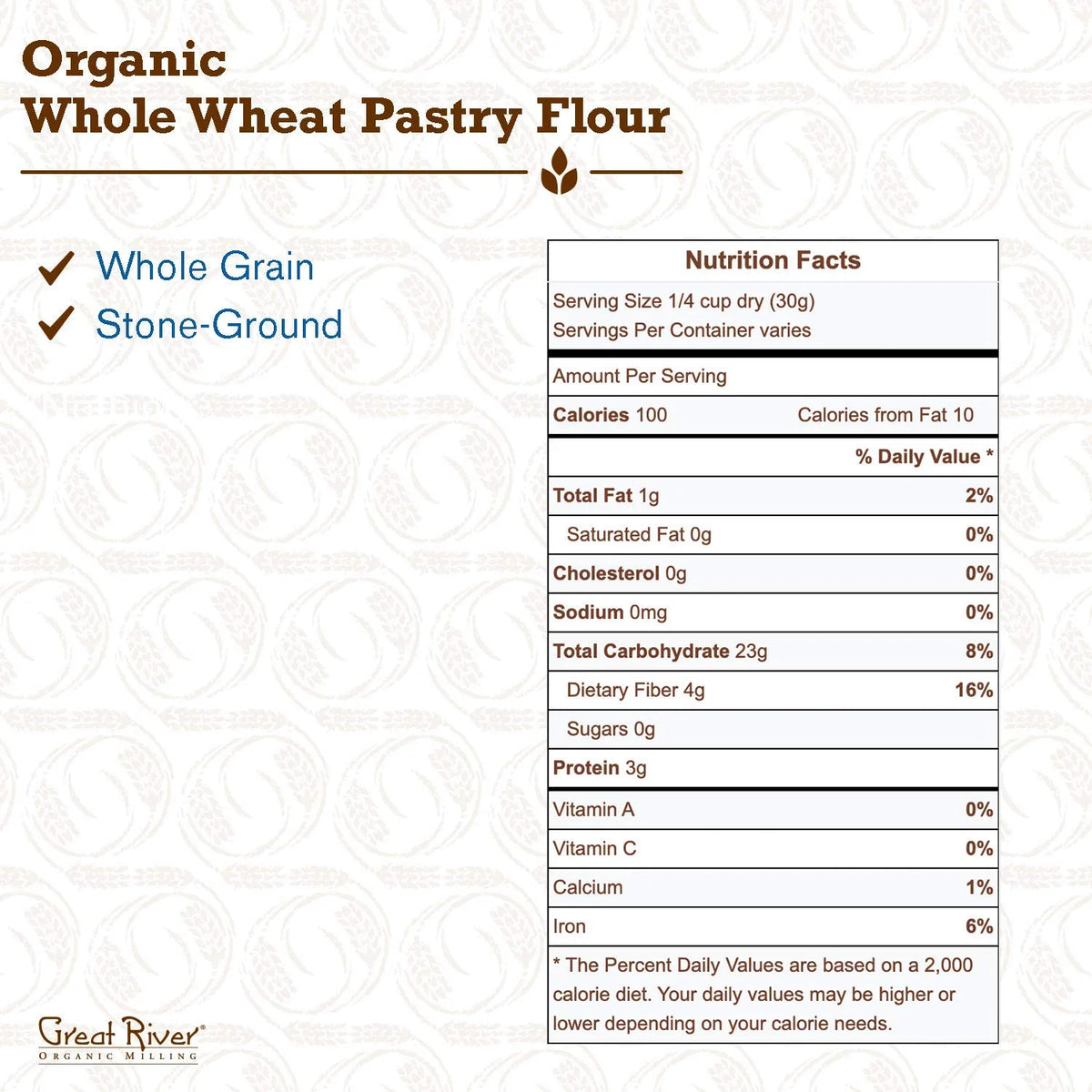 Organic Whole Wheat Pastry Flour, Stone Ground, 25 Pounds S56541