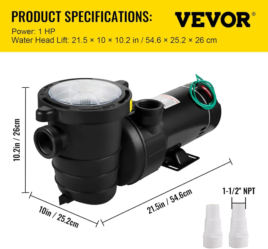 1HP 110V 5220GPH Self-priming Swimming Pool Pump with Strainer Basket and 2pcs 1-1/2'' NPT Connectors S55482
