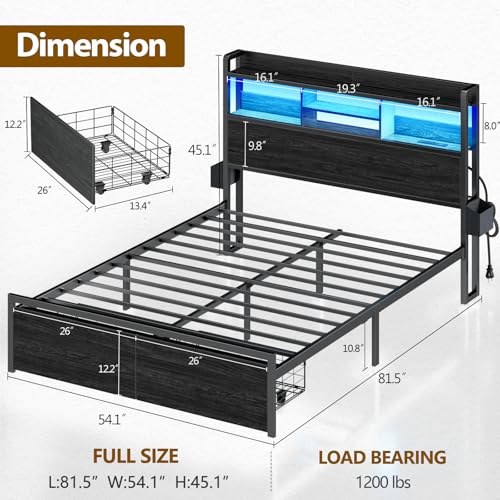 Black Full Size Metal Platform Bed Frame with Wood Headboard and Storage Drawers I772180