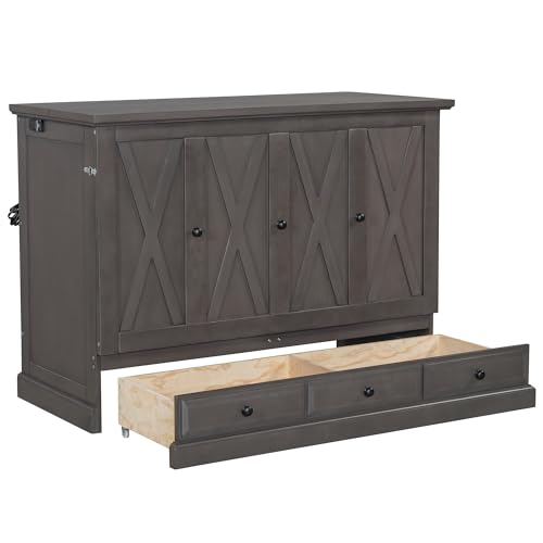Queen Size Solid Pine Murphy Bed with Charging Station and Storage Drawer L32517