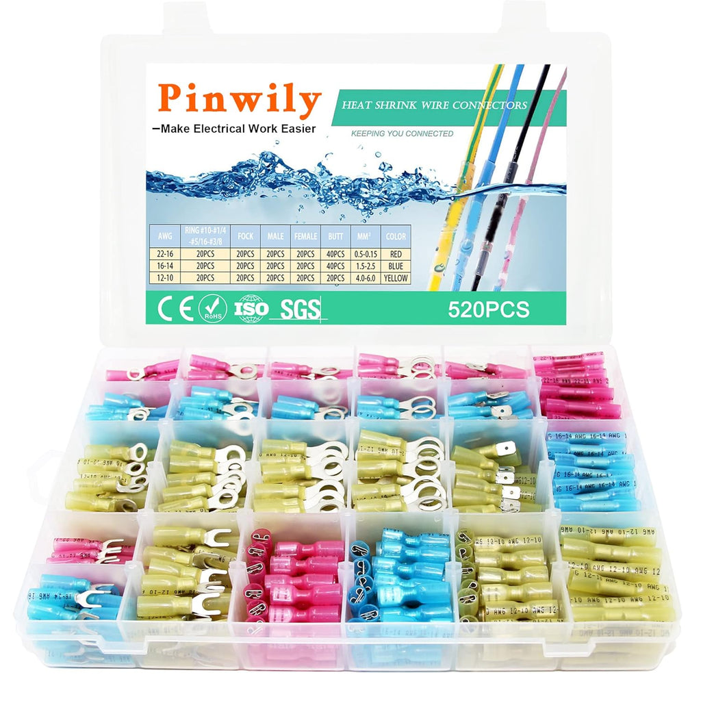 520PCS Marine Heat Shrink Wire Connectors Kit, Insulated Ring Fork Spade Butt, Tinned Red Copper T508233