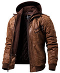 Brown Leather Motorcycle Jacket with Removable Hood B28524