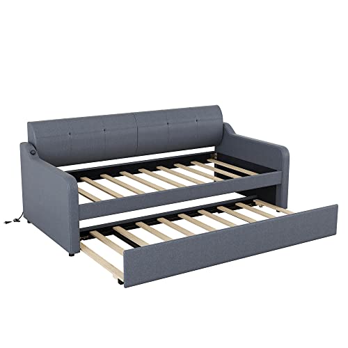 Twin Size Upholstered Wood Day Bed with Pop up Trundle (Grey) V526