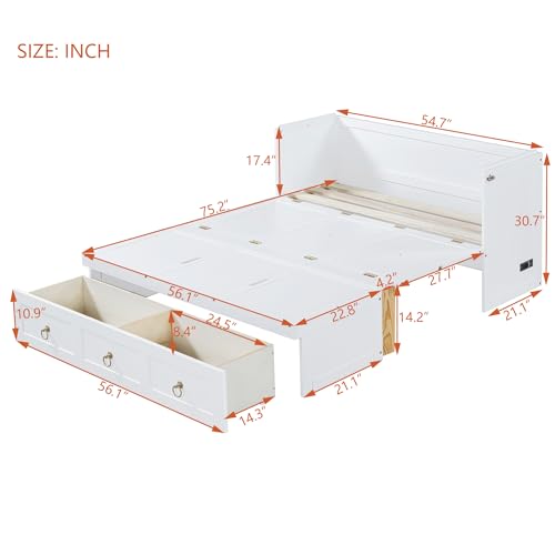 Queen Size Murphy Bed with USB Charging Station and Drawer, White F179